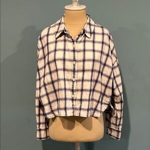 Madewell Flannel Hartfield Crop Shirt in Windowpane Plaid sz Medium Blue White